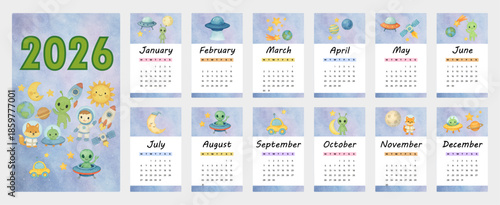 2026 Monday Start Space Alien Kids Calendar and Planner