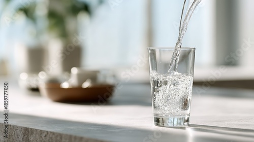 Pouring fresh drinking water into a clear glass, creating refreshing bubbles, promoting healthy hydration and a clean lifestyle in a bright indoor setting