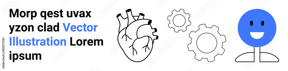 Fototapeta premium Health technology, teamwork, anatomy, innovation, human-machine interaction, problem-solving. Black-and-white human heart, machine gears blue smiling face. Health technology and teamwork concept
