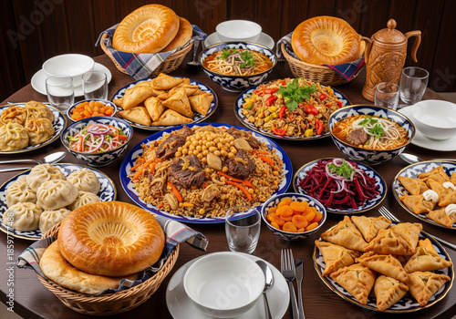 Traditional Uzbek oriental cuisine. Uzbek family table from different dishes for the New Year holiday. The background image is a top view
