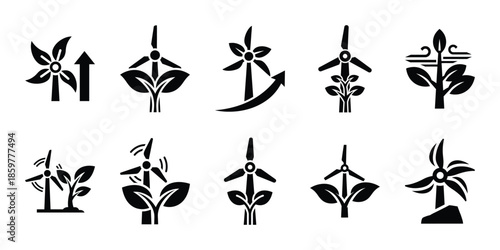 wind clean growth icon set vector silhouette on transparent background. Ecology energy silhouette icons.