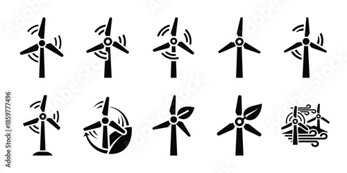 wind clean technology icon set vector silhouette on transparent background. Ecology energy silhouette icons.