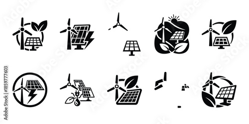 clean energy alliance icon set vector silhouette on transparent background. Ecology energy silhouette icons.