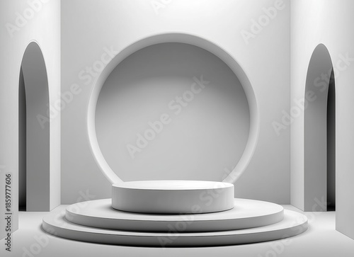 White stage with a white platform in the middle