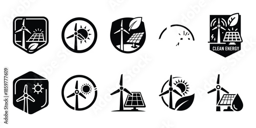 clean energy badge icon set vector silhouette on transparent background. Ecology energy silhouette icons.