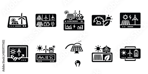 clean energy dashboard icon set vector silhouette on transparent background. Ecology energy silhouette icons.