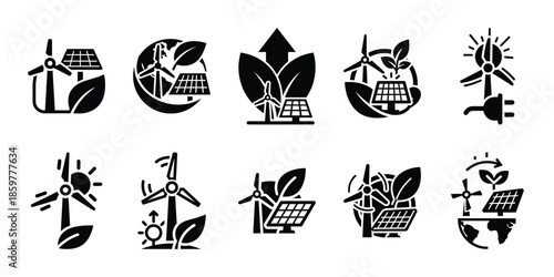 clean energy impact icon set vector silhouette on transparent background. Ecology energy silhouette icons.