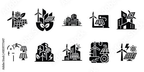 clean energy innovation icon set vector silhouette on transparent background. Ecology energy silhouette icons.