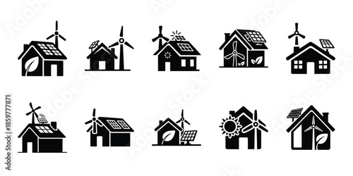 eco house energy icon set vector silhouette on transparent background. Ecology energy silhouette icons.