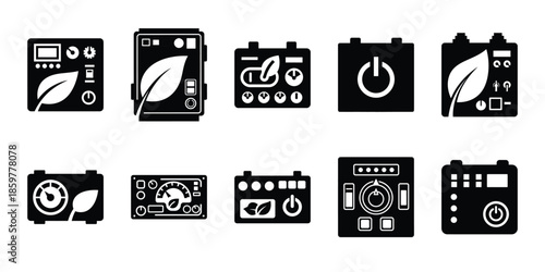 green power control icon set vector silhouette on transparent background. Ecology energy silhouette icons.
