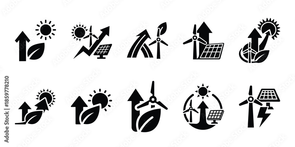 Fototapeta premium renewable energy performance icon set vector silhouette on transparent background. Ecology energy silhouette icons.