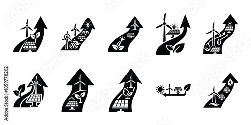 renewable energy pathway icon set vector silhouette on transparent background. Ecology energy silhouette icons.