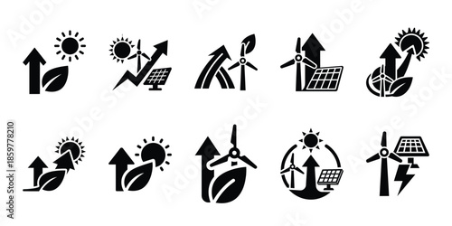 renewable energy performance icon set vector silhouette on transparent background. Ecology energy silhouette icons.