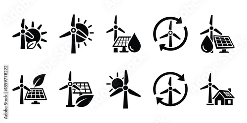 renewable energy symbol icon set vector silhouette on transparent background. Ecology energy silhouette icons.