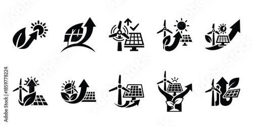 renewable energy success icon set vector silhouette on transparent background. Ecology energy silhouette icons.