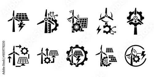 renewable power automation icon set vector silhouette on transparent background. Ecology energy silhouette icons.