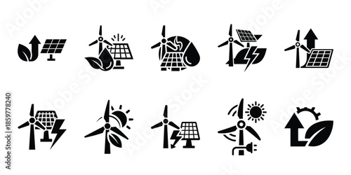 renewable power excellence icon set vector silhouette on transparent background. Ecology energy silhouette icons.
