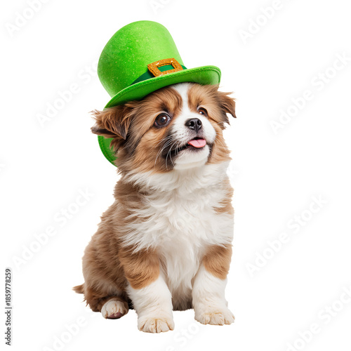 Puppy Wears Green Hat for St Patricks Day Celebration in a Studio Setting