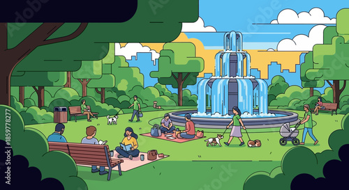 A vibrant cartoon illustration of a bustling city park with a large tiered fountain, people enjoying leisure activities, walking dogs, and relaxing on a sunny day.