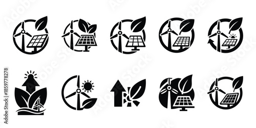 renewable power sustainability icon set vector silhouette on transparent background. Ecology energy silhouette icons.