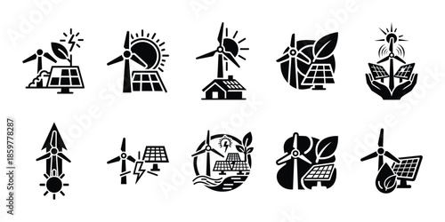 renewable power vision icon set vector silhouette on transparent background. Ecology energy silhouette icons.