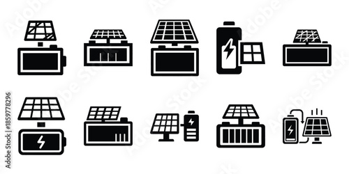 solar battery storage icon set vector silhouette on transparent background. Ecology energy silhouette icons.