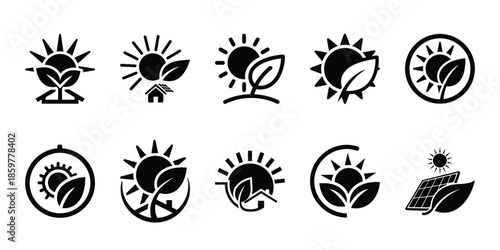 solar eco vision icon set vector silhouette on transparent background. Ecology energy silhouette icons.