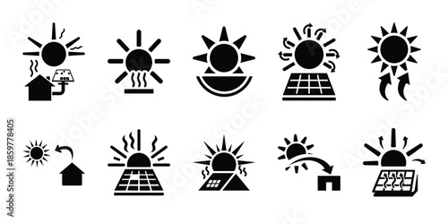 solar heat energy icon set vector silhouette on transparent background. Ecology energy silhouette icons.
