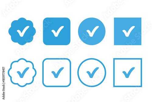 Collection of blue checkmark icons in various shapes for verification and approval