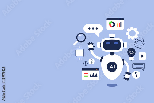 Artificial intelligence robot with various icons representing data and technology