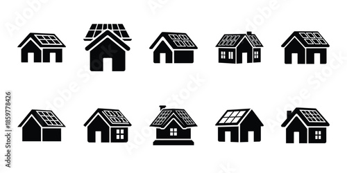 solar roof house icon set vector silhouette on transparent background. Ecology energy silhouette icons.