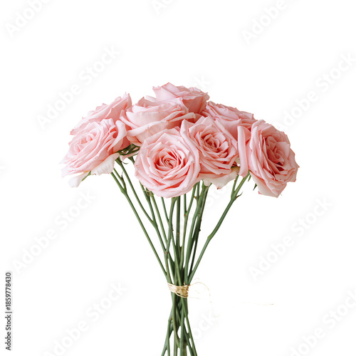 Roses in a Bouquet Wrapped With Green Stems and Twine on a Plain Background