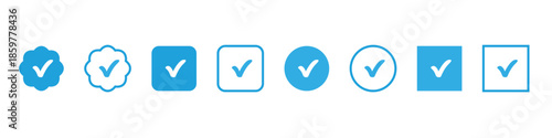 Collection of blue checkmark icons and badges in various shapes and styles