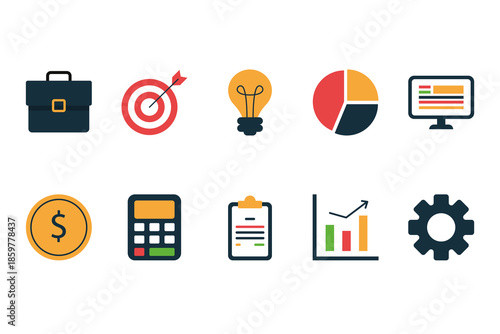 Collection of business and finance icons representing growth, strategy, and success