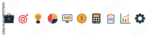 Business and finance icons representing strategy, growth, and operations