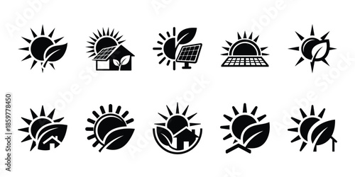 solar sustainability silhouette icon set vector silhouette on transparent background. Ecology energy silhouette icons.
