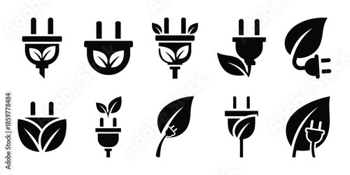 sustainable plug leaf icon set vector silhouette on transparent background. Ecology energy silhouette icons.