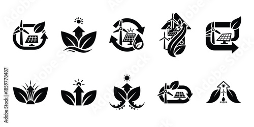 sustainable energy flow icon set vector silhouette on transparent background. Ecology energy silhouette icons.