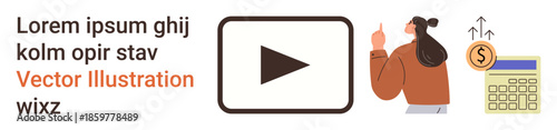 Digital marketing, online tutorials, financial growth, content monetization, e-learning, revenue strategies. Woman pointing upward, play button money coin calculator and growth icon. Digital