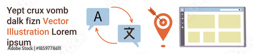 Language translation, localization, global communication, multilingual content, cultural adaptation, technology process. Speech bubbles, location marker web interface. Language translation
