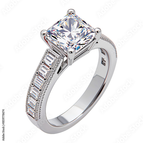 Engagement Ring With Large Center Stone and Small Stones on Band Displayed on...