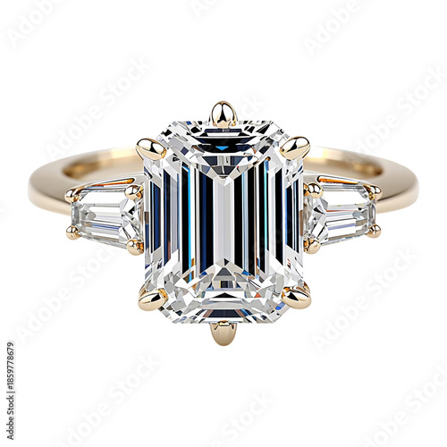 Elegant Ring With Emerald-Cut Diamond and Smaller Side Stones in a Golden Band