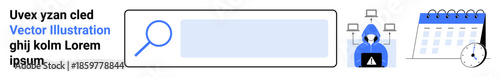 Cybersecurity, online safety, hacking prevention, digital search, scheduling, data security. Visuals include a search bar, hooded hacker figure a calendar and tech icons. Cybersecurity and online