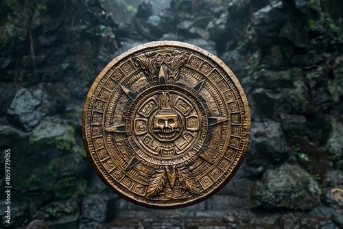 Mystical round metal sign with rocks in the background. 