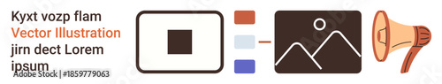 Marketing, branding, digital content creation, communication, media promotion, advertising. Visual elements include icons of a picture, color swatches and a megaphone. Marketing and communication
