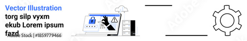Hacking icon on laptop screen with warning sign, locked file, and server tower. Ideal for technology, cloud security, IT support, data protection, risk management, tech services simple landing page