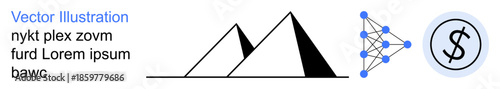 Data analysis, AI development, geometry design, financial systems, futuristic concepts, technology use. Triangle and pyramid shapes, network diagram and dollar sign icon. AI development