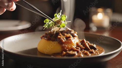 Close up view of food being served on a plate with steam ideal for culinary or dining imagery