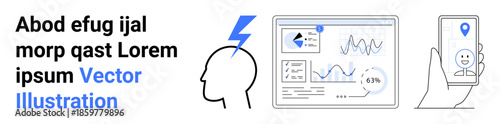 Brain health, analytics, mobile apps, technology, data visualization, monitoring systems. A head with an electric bolt, a dashboard of charts and a smartphone with GPS pin. Brain health