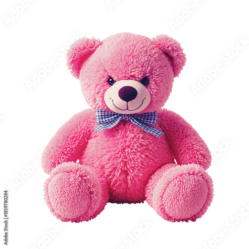 Cute Pink Teddy Bear Sitting With a Blue Bow Tie on Its Neck in a Bright Setting